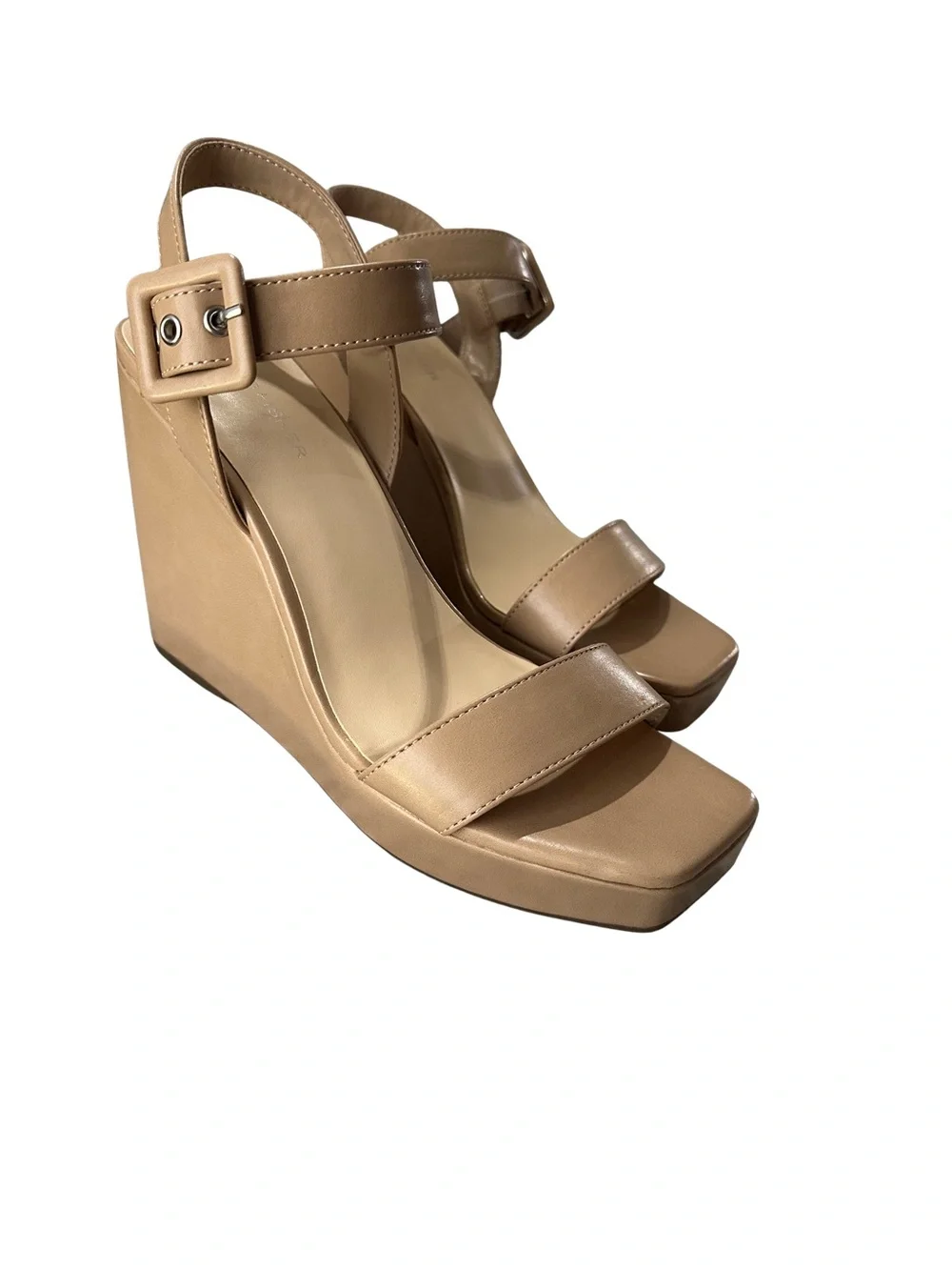 Marc Fisher Nude Tan Platform Wedge Sandals Sz 9 Square Toe Buckle Ankle Strap